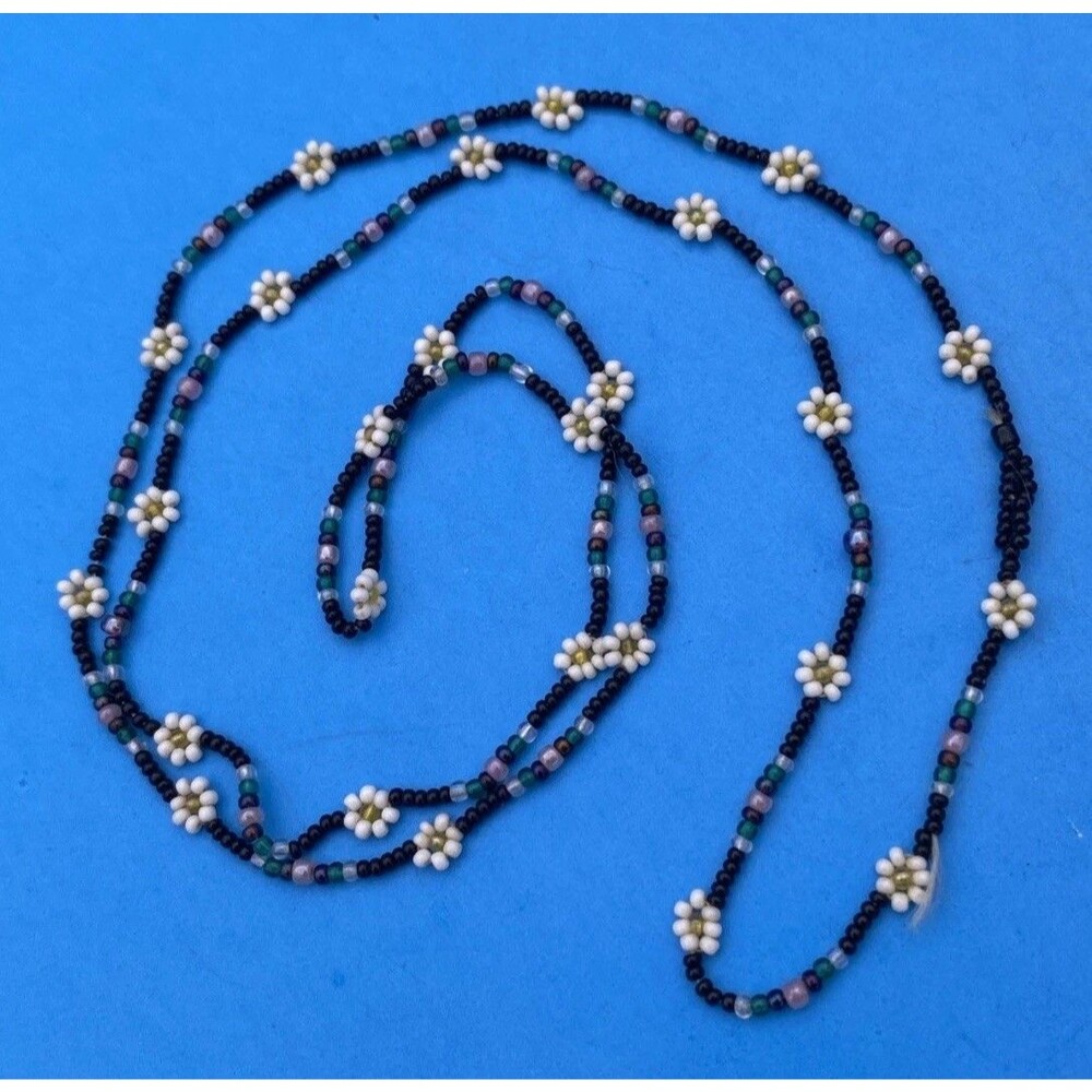 Vintage Handmade Blue Beaded Necklace With Beaded Flowers